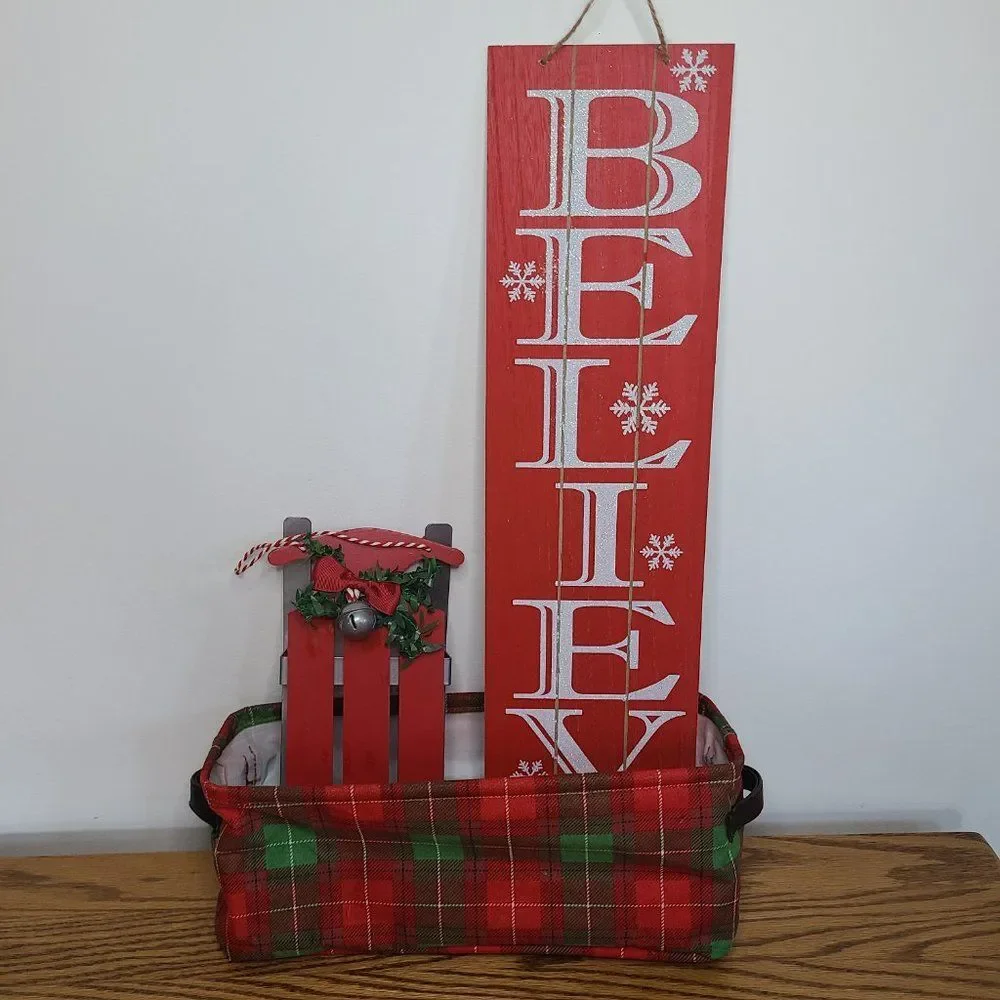 Christmas Holiday Home Decor Lot Includes Red Believe Sign Sleigh Flannel Basket